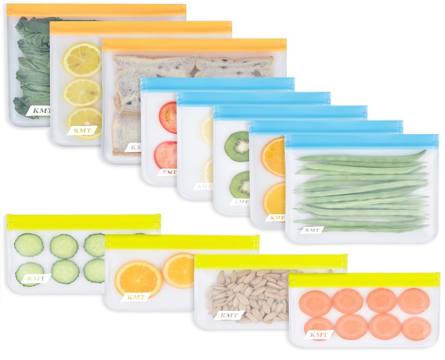 KMT Reusable Freezer Bags 3 Sizes 8/12 Pack Reusable Food Ziplock Bags Enhanced EVA Ziplock Freezer Bags for Home & Kitchen Organization